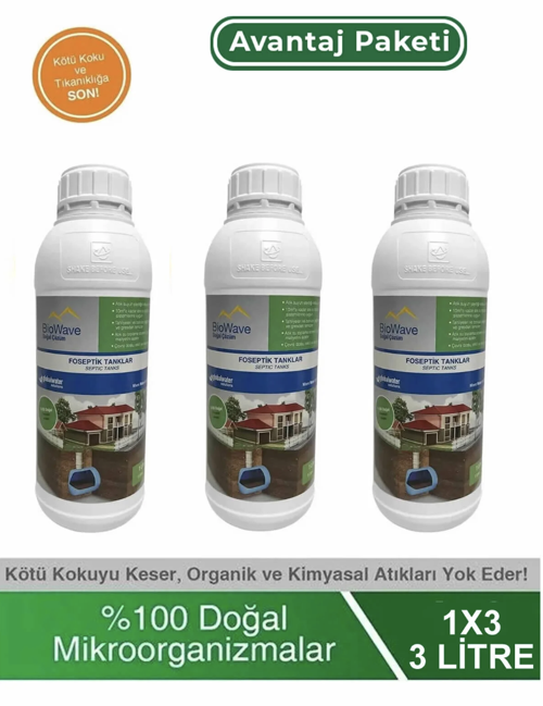 BioWave Foseptik Tank Koku Giderici Ve Atık Eritici Biyolojik Bakteri - 3 Litre Avantaj Paketi