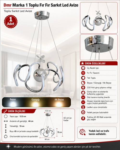 1 Toplu FIRFIR Sarkıt Led Avize KROM Kasa Üç Renk 6500k/4000k/3000k (Beyaz /Sarı/Ilık Beyaz (Gün