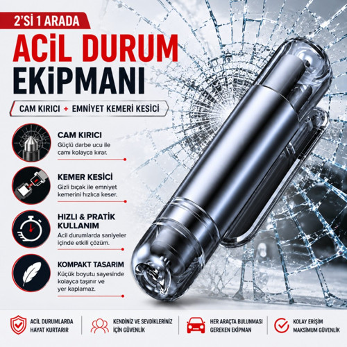 2in1 Arada Araç İçi Acil Durum Cam Kırıcı ve Emniyet Kemeri Kesici – Kompakt Oto Güvenlik ve Acil Çıkış Aparatı Gri