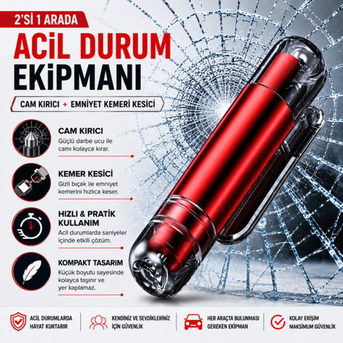 2in1 Arada Araç İçi Acil Durum Cam Kırıcı ve Emniyet Kemeri Kesici – Kompakt Oto Güvenlik ve Acil Çıkış Aparatı Kırmızı