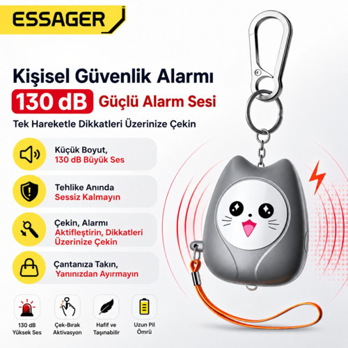 ESSAGER 130 dB Kişisel Güvenlik Alarmı – LED Fenerli, Çekmeli Acil Durum Alarmı, 450mAh Şarjlı Taşınabilir Anahtarlık Gri