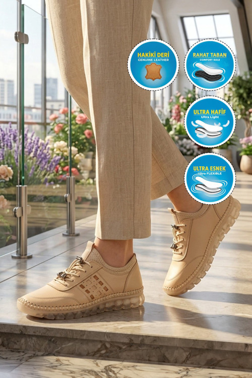 Bej Hakiki Deri Lastik Bağcıklı Anatomik Kadın Casual Ayakkabı Z510