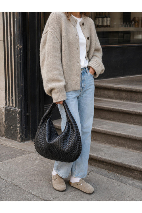 Kadın Casual Örgü Dokulu Hobo Çanta - Siyah
