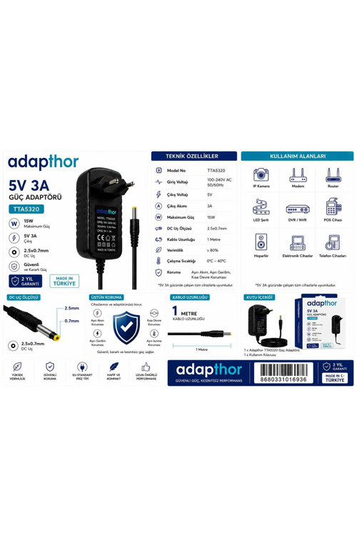 Tta-5320 15W 5V 3A 2.5*0.7 Priz Tipi Adaptör