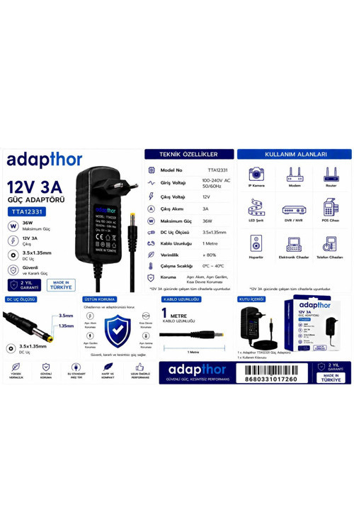 Tta-12331 36W 12V 3A 3.5*1.35 Priz Tipi Adaptör