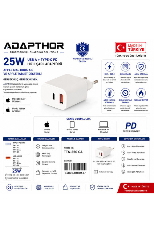 Tta-250Ca Pd/Qc Adaptör Telefon Şarj Aleti