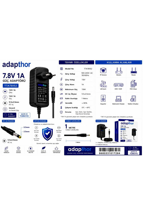 Tta-78152 7.8W 7.8V 1A 5.5*2.5 Priz Tipi Adaptör