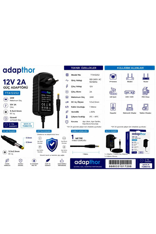Tta-12252 24W 12V 2A 5.5*2.5 Priz Tipi Adaptör