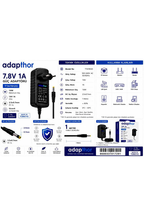 Tta-78120 7.8W 7.8V 1A 2.5*0.7 Priz Tipi Adaptör