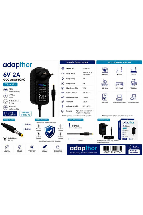 Tta-6252 12W 6V 2A 4.0*1.7 Priz Tipi Adaptör