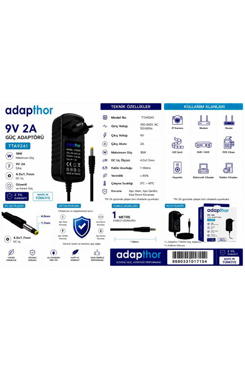 Tta-9241 18W 9V 2A 4.0*1.7 Priz Tipi Adaptör