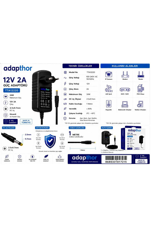 Tta-12220 24W 12V 2A 2.5*0.7 Priz Tipi Adaptör