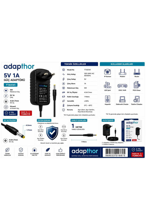 Tta-5141 5W 5V1A 4.0*1.7 Priz Tipi Adaptör