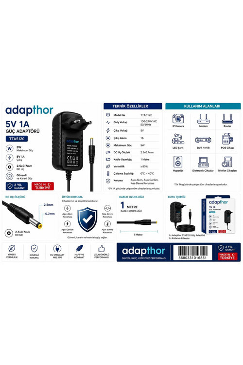 Tta-5120 5W 5V1A 2.5*0.7 Priz Tipi Adaptör