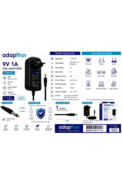 Tta-9141 9W 9V 1A 4.0*1.7 Priz Tipi Adaptör