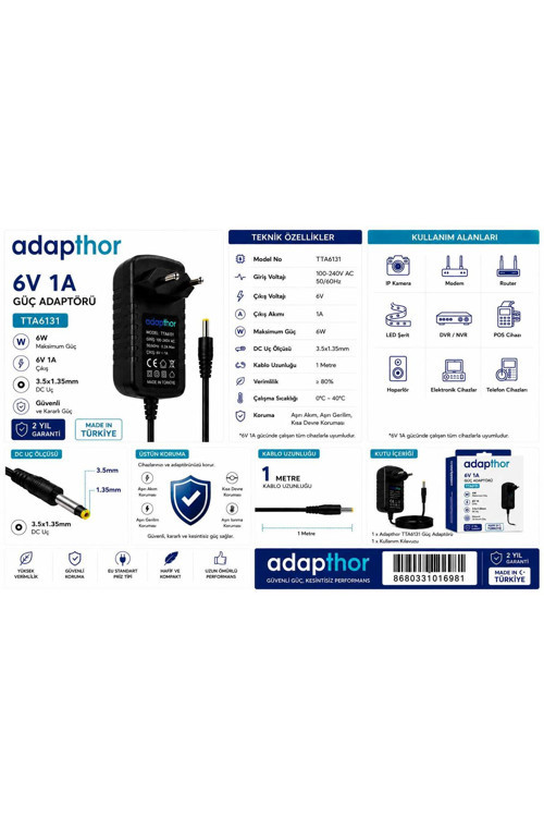Tta-6131 6W 6V 1A 3.5*1.35 Priz Tipi Adaptör