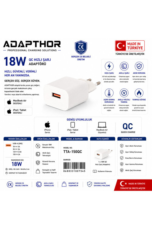 Tta-150Qc 18W 5V 3A/ 9V 2A/ 12V 1.5A Qc Seyahat Adaptörü