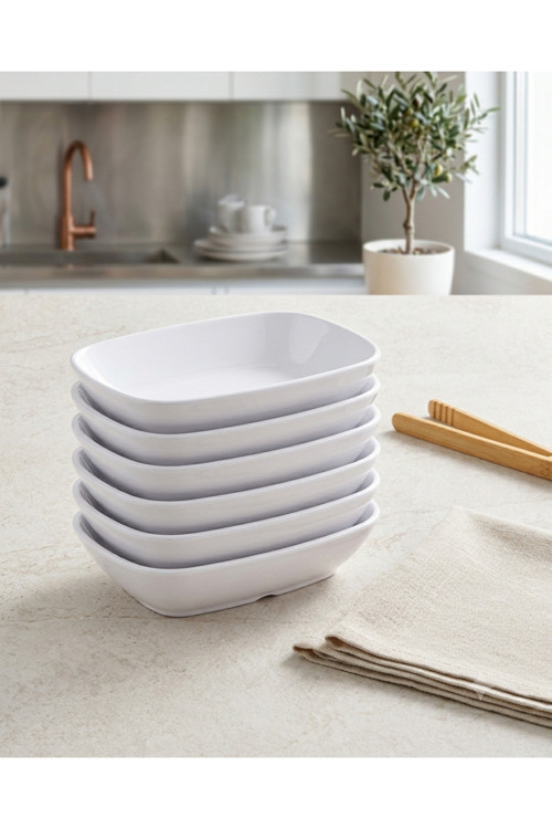 6 Adet Kırılmaz Melamin Kare Çerez ve Meze Tabağı 16 x 11 cm - Beyaz