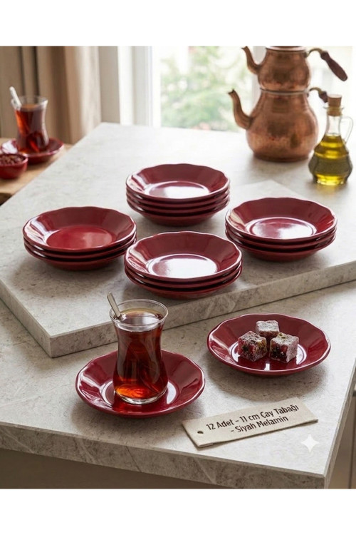 24 Parça Kırmızı Parlak Melamin Çay Tabağı ve Sunum Kasesi Seti - 11 cm