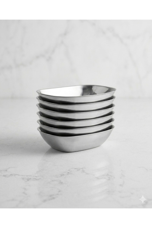 6 Adet Paslanmaz Çelik Kayık Tabak Seti - 17x10 cm Paslanmaz Çelik Kayık Meze ve Sunum Tabağı