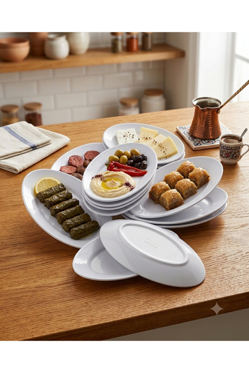4 Adet Kırılmaz Melamin Oval Kayık Tabak Orta Salata Tabağı 34 x 22 cm - Beyaz