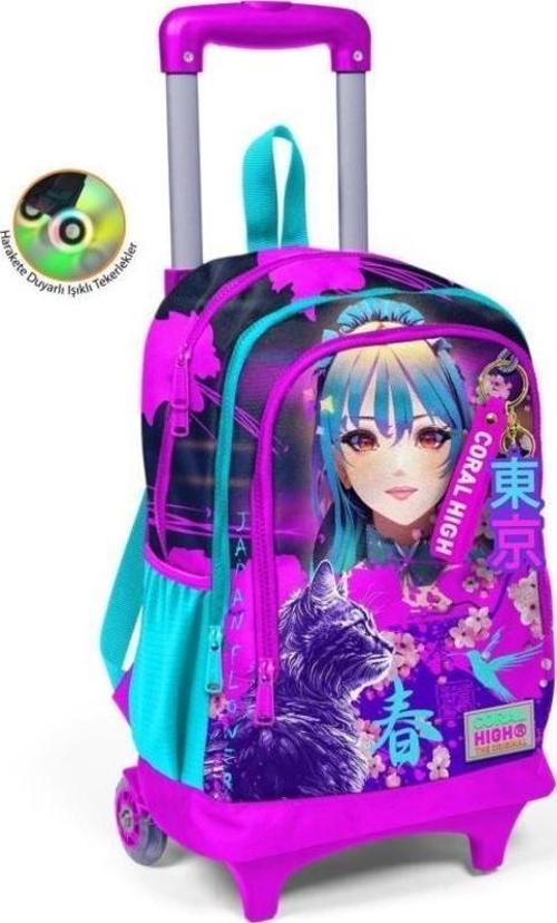 Kids Mor Pembe Anime Kedi Desenli Üç Bölmeli Çekçekli Okul Sırt Çantası 23953