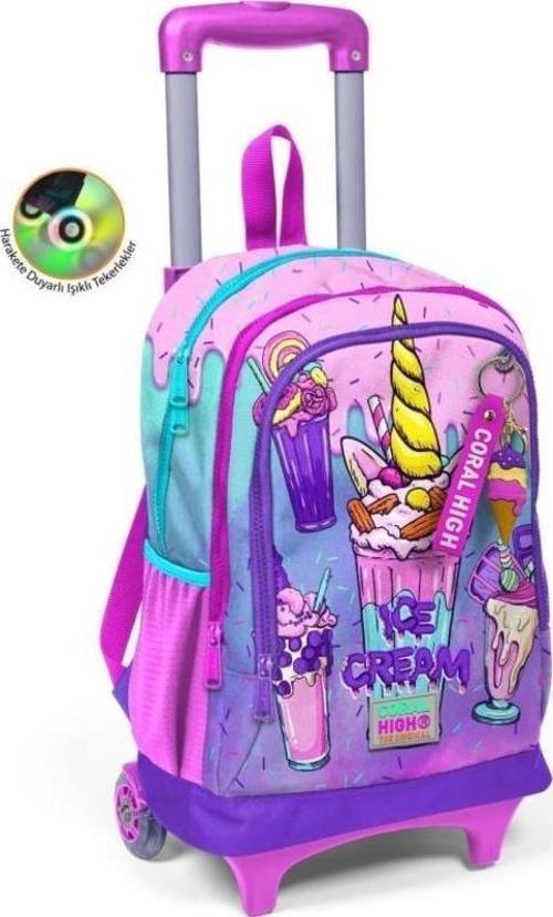 Kids Pembe Mor Milkshake Dondurma Desenli Üç Bölmeli Çekçekli Okul Sırt Çantası 23949