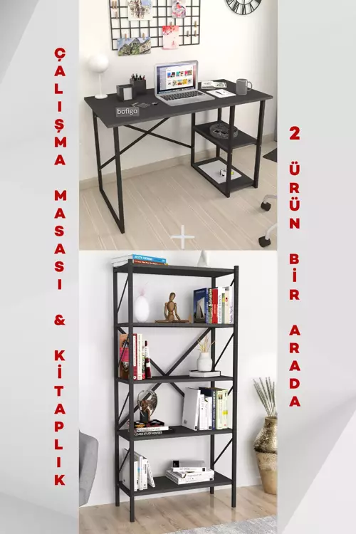 2 Raflı Çalışma Masası Bilgisayar Masası Ofis Ders Masası + 5 Raflı Kitaplık Metal Kitaplık Antrasit