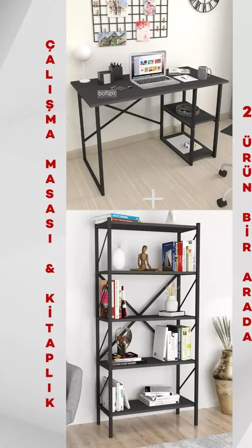 2 Raflı Çalışma Masası Bilgisayar Masası Ofis Ders Masası + 5 Raflı Kitaplık Metal Kitaplık Antrasit