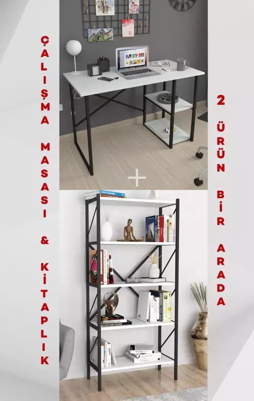 2 Raflı Çalışma Masası Bilgisayar Masası Ofis Ders Masası + 5 Raflı Kitaplık Metal Kitaplık Beyaz