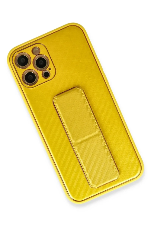 Newface İphone 12 Pro Max Kılıf Coco Karbon Standlı Kapak - Sarı