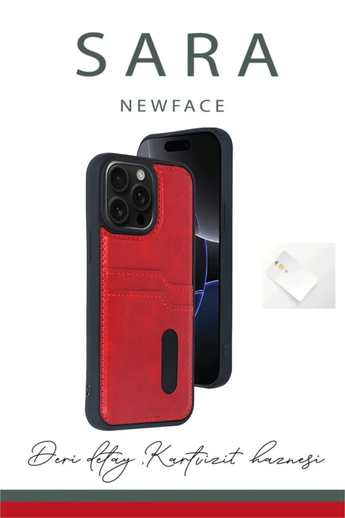 Newface İphone 16 Kılıf Sara Kartvizitli Deri Kılıf - Kırmızı