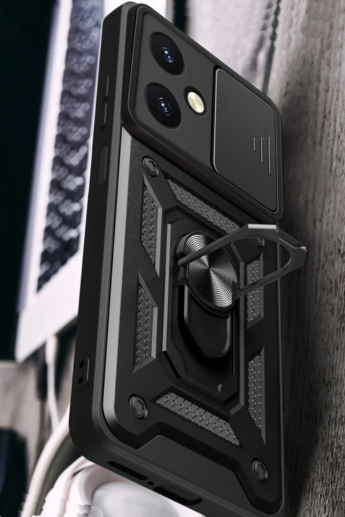 Newface Vivo Y27 Kılıf Pars Lens Yüzüklü Silikon - Siyah