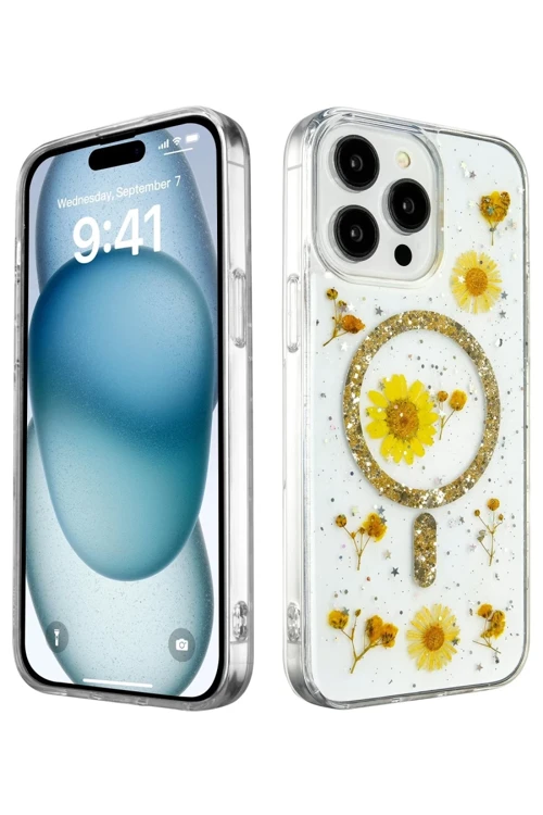 Apple iPhone 14 Pro Max Kılıf Daisy Simli Magsafe Kapak - Gold