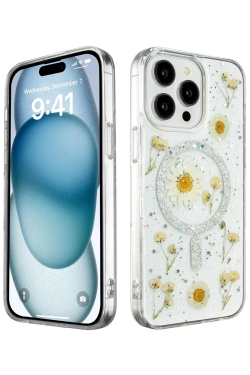 Apple iPhone 15 Pro Kılıf Daisy Simli Magsafe Kapak - Gümüş