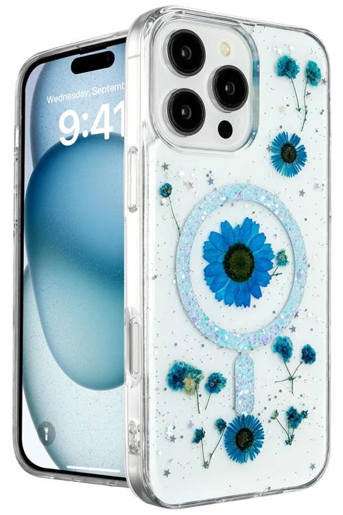 Apple iPhone 16 Pro Max Kılıf Daisy Simli Magsafe Kapak - Mavi