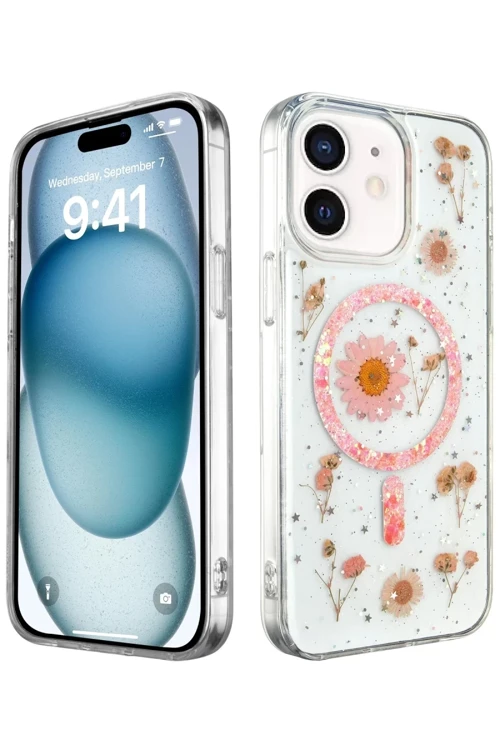 Apple iPhone 12 Kılıf Daisy Simli Magsafe Kapak - Pembe