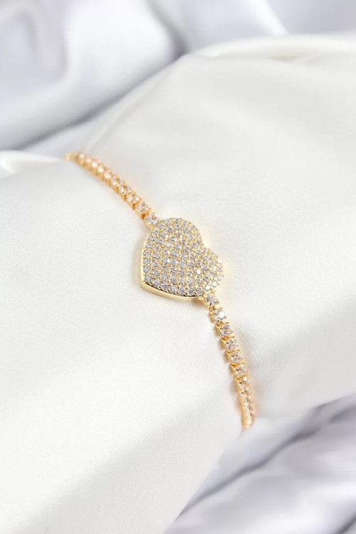 Pirinç Zirkon Taşlı Kalp Model Gold Renk Asansörlü Kadın Bileklik - TJ-BB7747