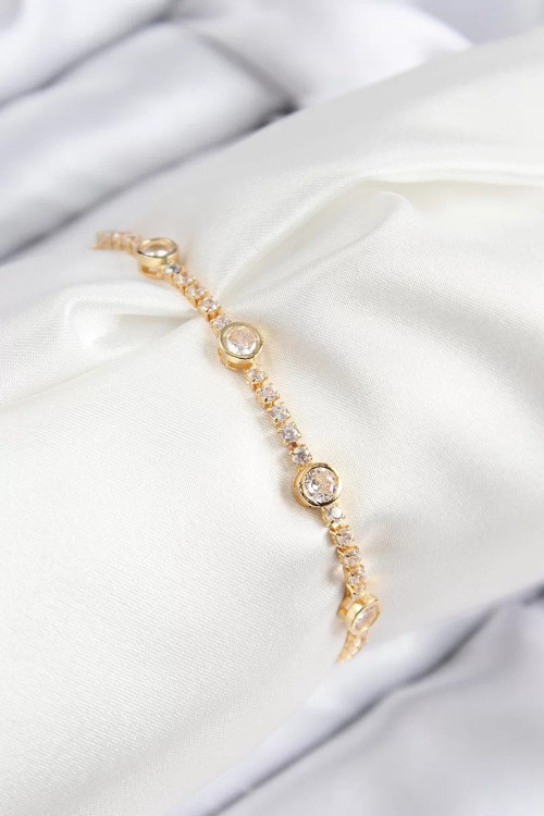 Pirinç Zirkon Taşlı Daire Model Gold Renk Asansörlü Kadın Bileklik - TJ-BB7745