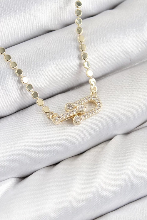Pirinç Zirkon Taşlı Tifany Model Ezme Zincir Gold Renk Kadın Kolye - TJ-BKO10393