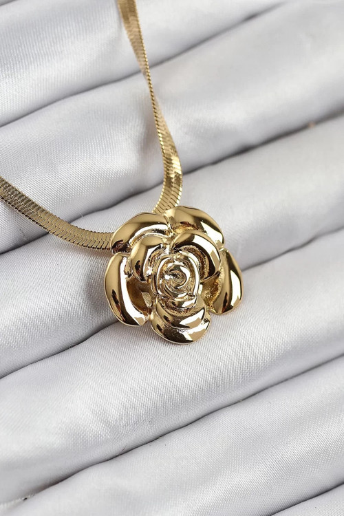316L Çelik Gül Figürlü İtalyan Zincir Model Gold Renk Kadın Kolye - TJ-BKO10513