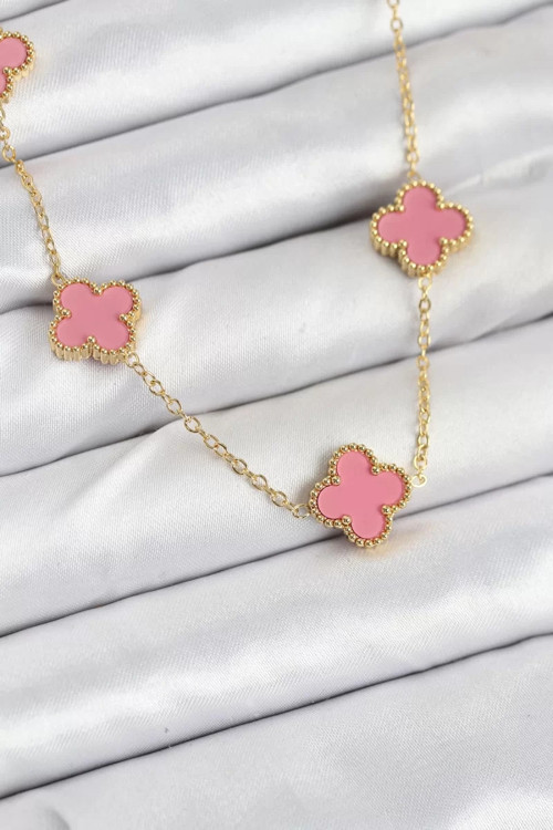 316L Çelik Zincir Gold Pembe Renk Yonca Kadın Kolye - TJ-BKO10583