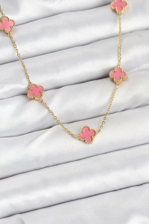 316L Çelik Zincir Gold Renk Pembe Baby Boy Yonca Kadın Kolye - TJ-BKO10572
