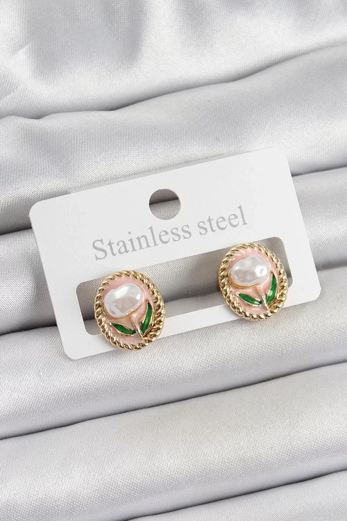 Pirinç Pembe Mineli Lale Figürlü Sanatsal Portre Model Gold Renk Kadın Küpe - TJ-BKP10672