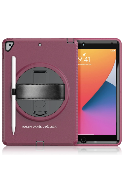 iPad 10.2 (7.nesil) Kılıf Hand Strap Tablet Kılıfı - Mürdüm