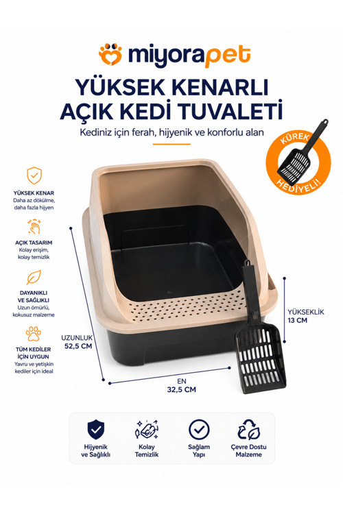 Yüksek Kenarlıklı Açık Kedi Tuvaleti | Kürek Hediyeli