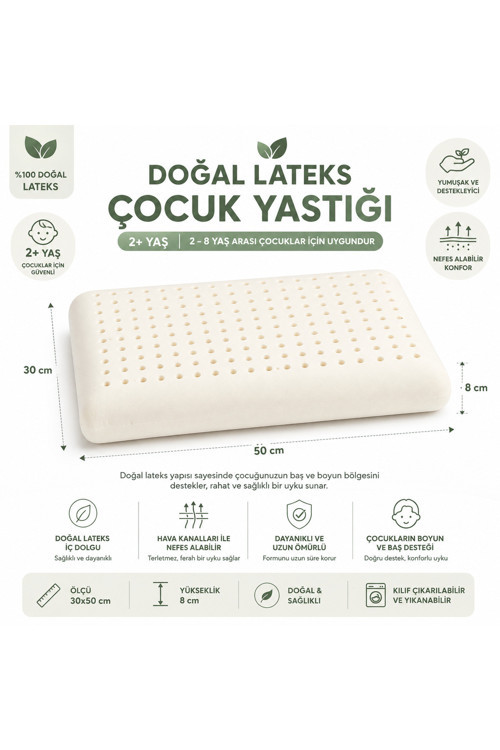 Doğal Lateks Çocuk Yastığı 30x50x8 cm, 2+ Yaş, Çıkarılabilir Yıkanabilir Kılıf