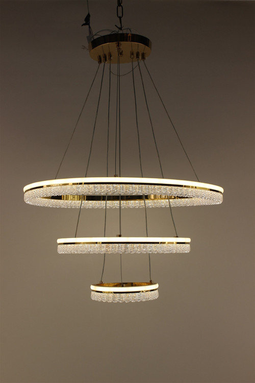 Şık Gold Kaplama 3 Katlı Silikonlu Kristalize Halka Serisi Formu Modern Led Sarkıt
