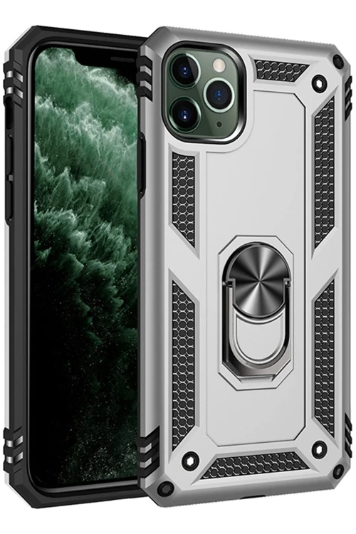 Apple iPhone 11 Pro Max Kılıf Sofya Yüzüklü Silikon Kapak - Gümüş