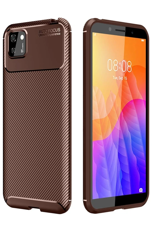 Huawei Y5P Kılıf Auto Focus Karbon Kapak - Kahverengi